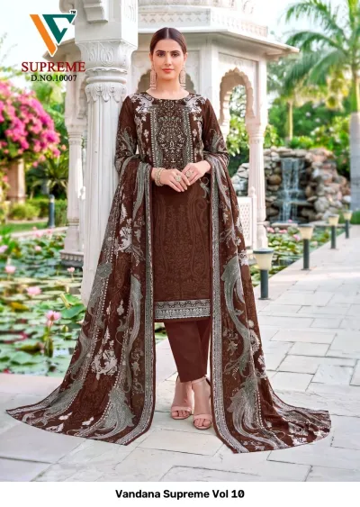 Vandana Supreme Vol 10: Brown printed cotton salwar suit with matching dupatta and trousers, featuring intricate thread work embroidery on the bodice.