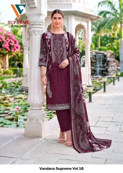 Vandana Supreme Vol 10: Deep maroon printed cotton salwar suit with coordinating trousers and dupatta, featuring detailed thread work embroidery on the front.