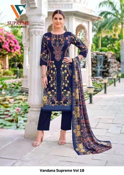 Vandana Supreme Vol 10: Navy blue cotton salwar suit with yellow and orange floral prints, matching trousers, and an embroidered-style printed dupatta.