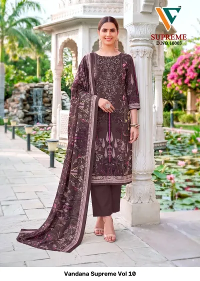 Vandana Supreme Vol 10: Dark brown printed cotton salwar suit with matching trousers and dupatta, showcasing ornamental thread work on the kurti.