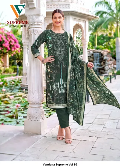 Vandana Supreme Vol 10: Dark green printed cotton salwar suit with matching trousers and dupatta, featuring ornate thread work details on the bodice.