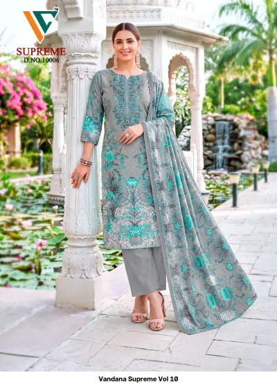 Vandana Supreme Vol 10: Grey cotton salwar suit with teal and black floral prints, matching trousers, and a coordinating printed dupatta.