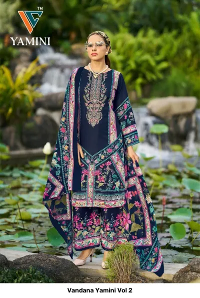 Vandana Yamini Vol 2, dark blue salwar suit with floral print, embroidery work on the neckline, and matching dupatta.
