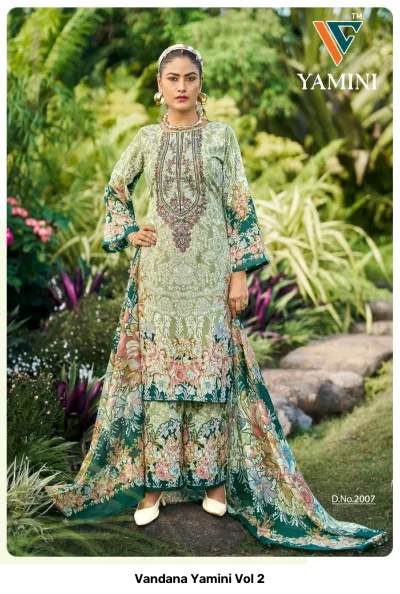 Vandana Yamini Vol 2, light green salwar suit featuring all-over floral print, heavy embroidery on the neckline, and wide-leg trousers.