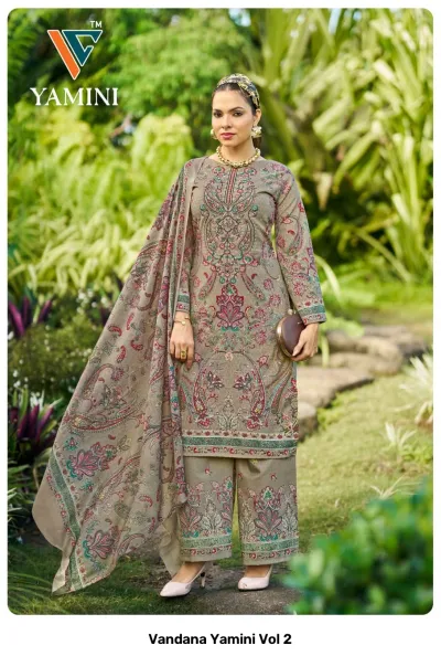 Vandana Yamini Vol 2, taupe salwar suit with intricate paisley print, thread embroidery on the neckline, and wide-leg trousers.