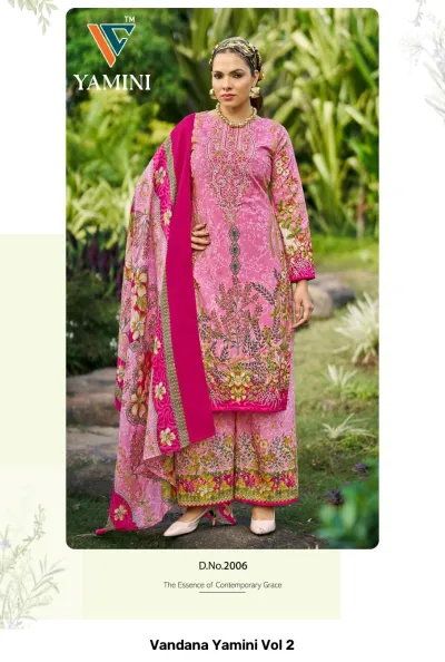 Vandana Yamini Vol 2, bright pink salwar suit with dense floral print, subtle embroidery work, and coordinating dupatta.