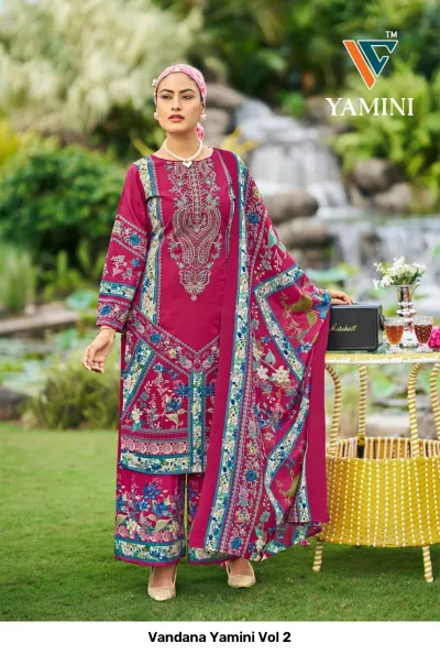 Vandana Yamini Vol 2, magenta salwar suit with paisley and floral patterns, detailed thread work on the chest, and wide-leg trousers.