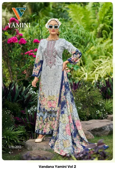 Vandana Yamini Vol 2, grey salwar suit with floral print, embroidered neckline, and wide-leg trousers, styled with a colorful dupatta.