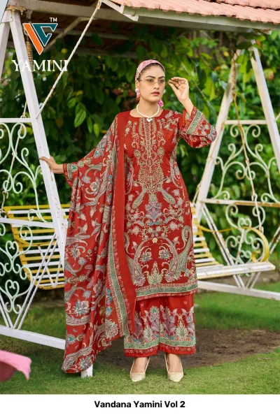 Vandana Yamini Vol 2, rust-orange salwar suit featuring ornate paisley and floral prints with heavy thread embroidery on the neckline.
