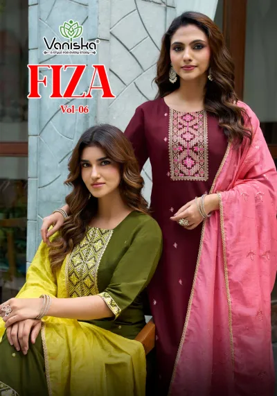 Vaniska Fiza Vol 6 catalog cover featuring two models wearing maroon and olive green straight cut salwar suits with contrasting dupattas.