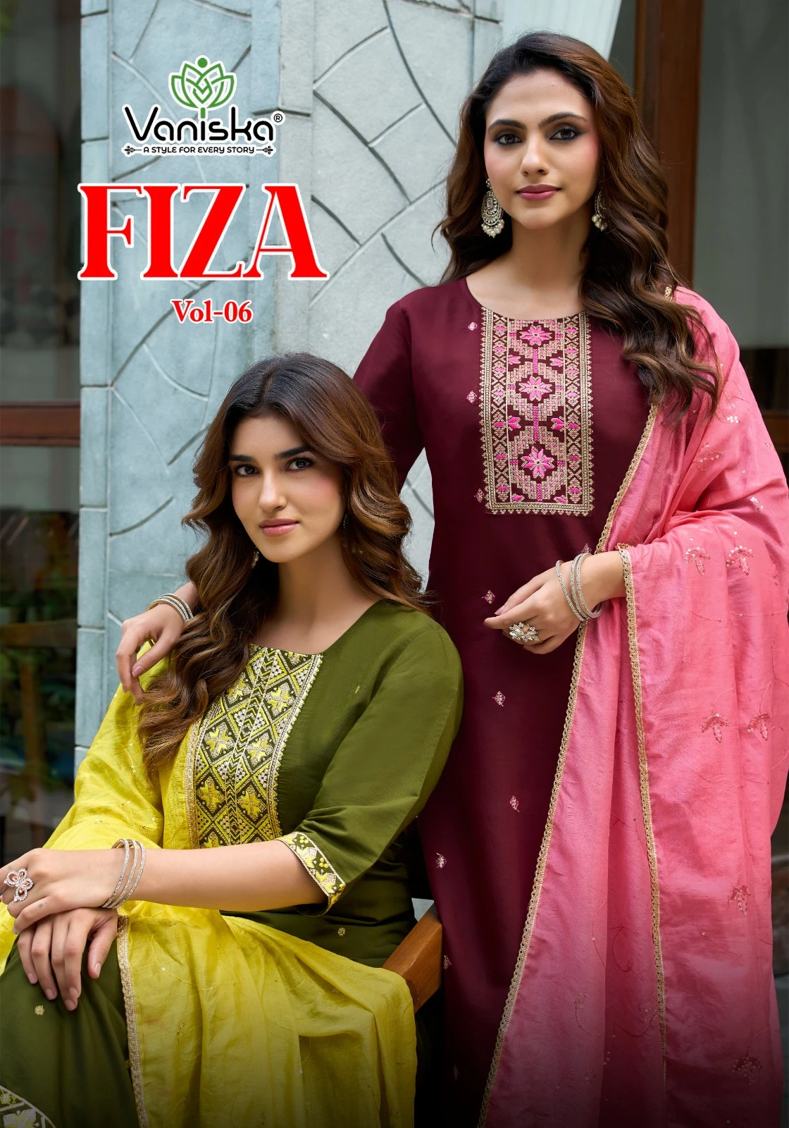 Vaniska Fiza Vol 6 catalog cover featuring two models wearing maroon and olive green straight cut salwar suits with contrasting dupattas.