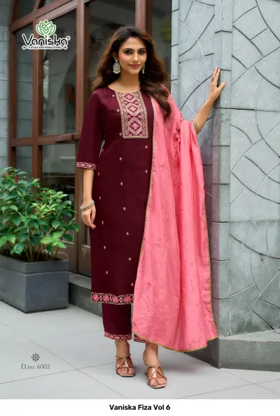 Vaniska Fiza Vol 6 maroon straight cut salwar suit with pink dupatta, featuring intricate neck and hemline thread and zari embroidery.