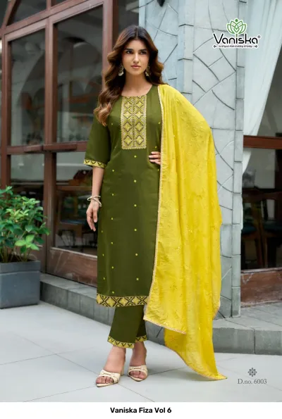 Vaniska Fiza Vol 6 olive green straight cut salwar suit with yellow dupatta, featuring embroidered neck detailing and hemline zari work.