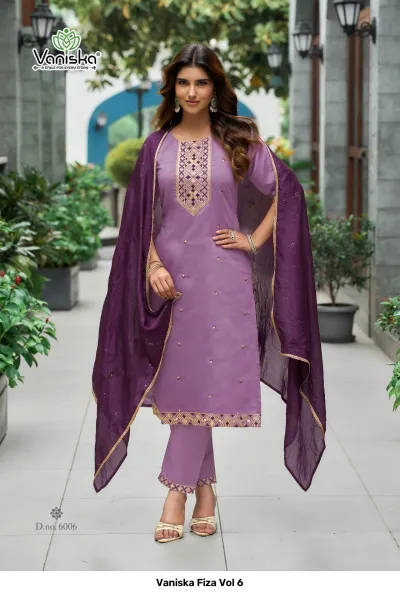 Vaniska Fiza Vol 6 light purple straight cut salwar suit with deep purple dupatta, featuring delicate embroidery on the neckline and hem.