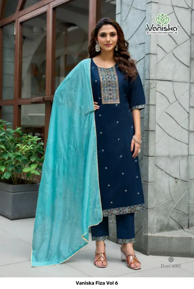 Vaniska Fiza Vol 6 dark blue straight cut salwar suit with light blue dupatta, featuring ornate thread work on the neckline and pants.