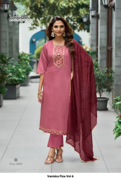 Vaniska Fiza Vol 6 dusty rose straight cut salwar suit with deep maroon dupatta, featuring zari-detailed neckline and hemline embroidery.