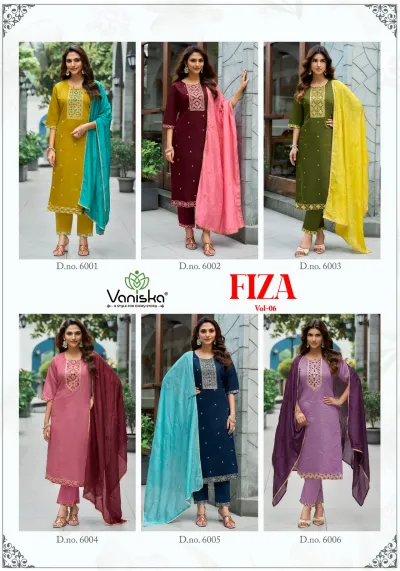 Vaniska Fiza Vol 6 catalog collage displaying six different straight cut salwar suit designs with varied color schemes and dupatta pairings.