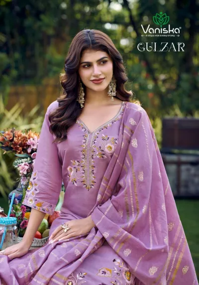 Vaniska Gulzar: Portrait of model in a lilac salwar suit with floral embroidery and gold zari work on the dupatta.