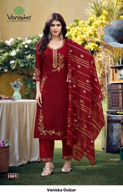 Vaniska Gulzar: Maroon salwar suit featuring intricate thread and zari work embroidery on the kurti, matching trousers, and dupatta.