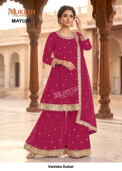 Vaniska Gulzar: Pink sharara salwar suit with gold sequin embellishments and ornate zari work on the kurti and hemline.