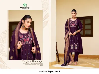 Vaniska Sayuri Vol 1, dark purple salwar suit featuring detailed thread work embroidery and a golden zari work dupatta.