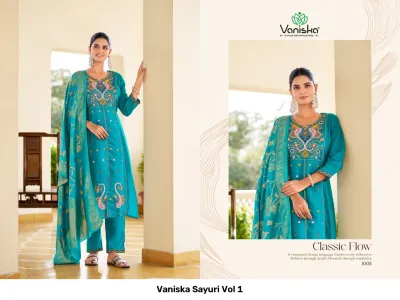 Vaniska Sayuri Vol 1, teal blue salwar suit with colorful thread work embroidery and a matching zari work dupatta.