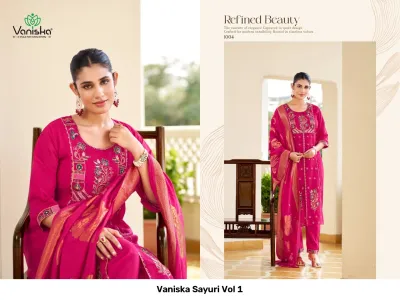 Vaniska Sayuri Vol 1, bright pink salwar suit with floral thread work embroidery and a decorative zari work dupatta.