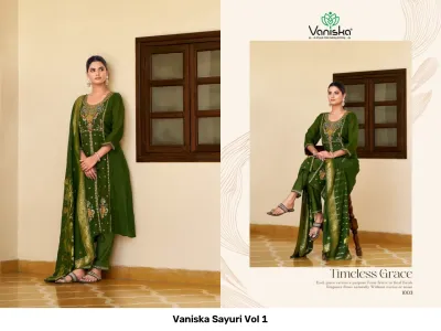 Vaniska Sayuri Vol 1, forest green salwar suit set with ornate thread work embroidery and a heavy zari work dupatta.