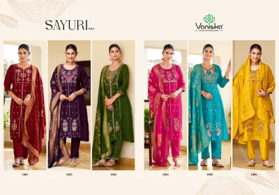 Vaniska Sayuri Vol 1, product collage showing various color options of embroidered salwar suits with zari work dupattas.