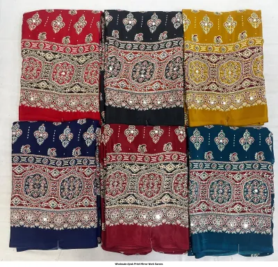 Wholesale Ajrak Print Mirror Work Sarees: Multicolored printed sarees with ornamental motifs and mirror work borders.