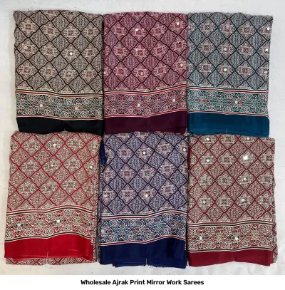 Wholesale Ajrak Print Mirror Work Sarees: Multicolored printed sarees with diamond-grid patterns and mirror work.