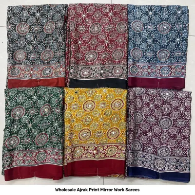 Wholesale Ajrak Print Mirror Work Sarees: Multicolored printed sarees with circular motifs and mirror work borders.