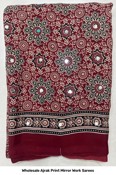 Wholesale Ajrak Print Mirror Work Sarees: Multicolored printed sarees with petal-style motifs and mirror work accents.