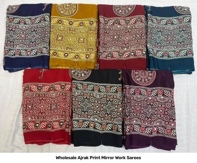 Wholesale Ajrak Print Mirror Work Sarees: Multicolored printed sarees with circular patterns and mirror work borders.