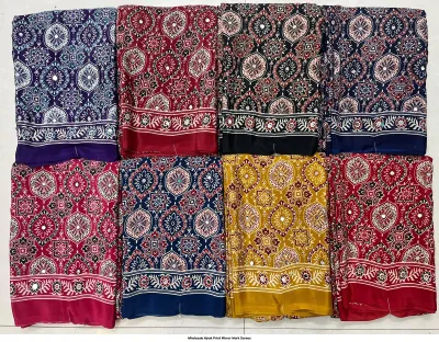 Wholesale Ajrak Print Mirror Work Sarees: Multicolored printed sarees with square-check patterns and mirror work borders.