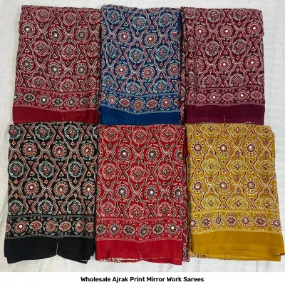 Wholesale Ajrak Print Mirror Work Sarees: Multicolored printed sarees with large circular motifs and mirror work borders.