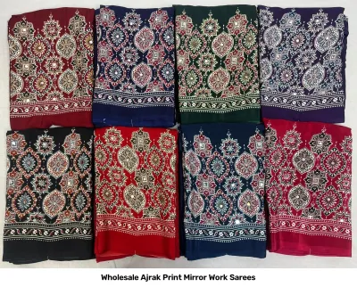 Wholesale Ajrak Print Mirror Work Sarees: Multicolored printed sarees with repeating floral motifs and mirror work.