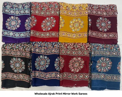 Wholesale Ajrak Print Mirror Work Sarees: Multicolored printed sarees featuring peacock motifs and mirror work borders.