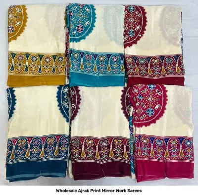 Wholesale Ajrak Print Mirror Work Sarees: Multicolored printed sarees with random dot patterns and mirror work.