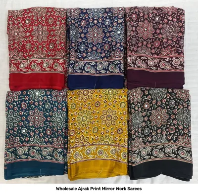 Wholesale Ajrak Print Mirror Work Sarees: Multicolored printed sarees with small floral patterns and mirror work detailing.