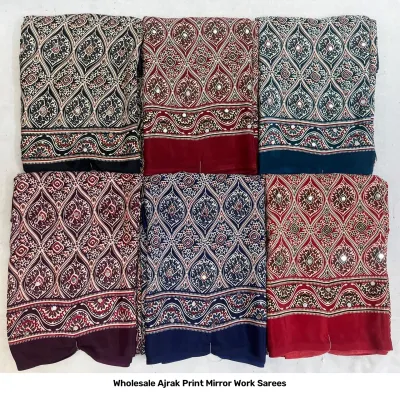 Wholesale Ajrak Print Mirror Work Sarees: Multicolored printed sarees with large repeating floral motifs and mirror work.
