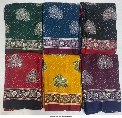 Wholesale Ajrak Print Mirror Work Sarees: Multicolored printed sarees with intricate geometric patterns and mirror work.