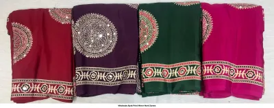 Wholesale Ajrak Print Mirror Work Sarees: Multicolored printed sarees with small floral motifs and mirror work.