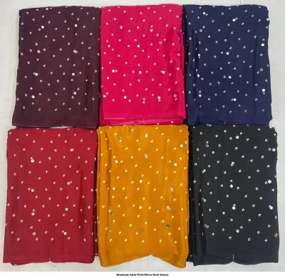 Wholesale Ajrak Print Mirror Work Sarees: Multicolored printed sarees with small floral motifs and mirror work.