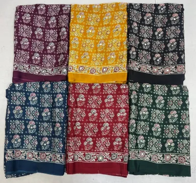 Wholesale Ajrak Print Mirror Work Sarees: Multicolored printed sarees with repeating paisley motifs and mirror work.