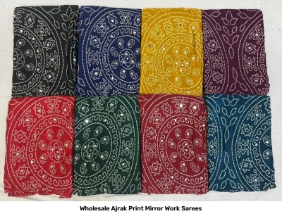Wholesale Ajrak Print Mirror Work Sarees: Multicolored printed sarees with circular mandalas and mirror work accents.