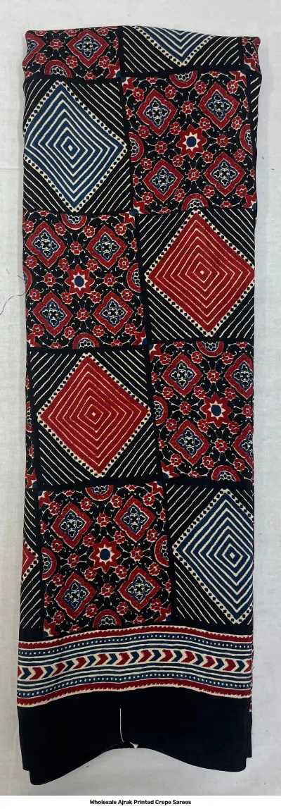 Wholesale Ajrak Printed Crepe Sarees: Catalog layout featuring a red saree with floral and circular Ajrak prints and multiple fabric samples.
