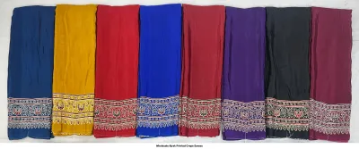 Wholesale Ajrak Printed Crepe Sarees: Six folded sarees in various colors with repeating leaf Ajrak prints.
