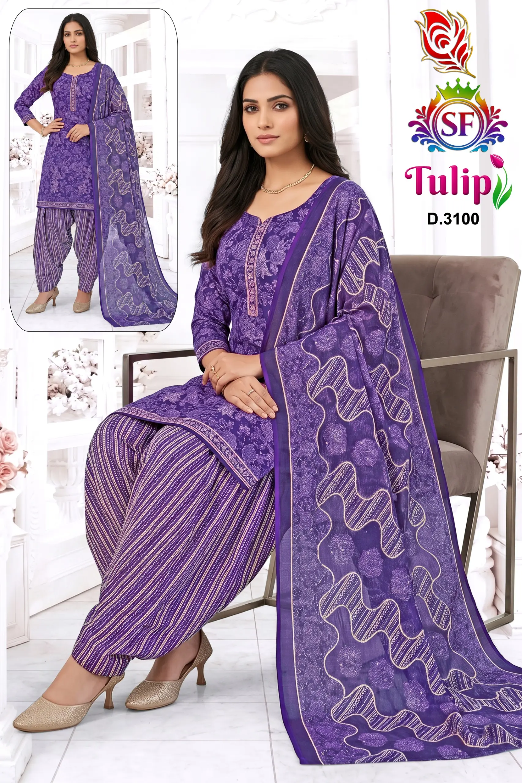 Wholesale American Crepe Suits D.3100. Purple printed kurti, striped salwar, and floral dupatta, featuring thread work embellishments.