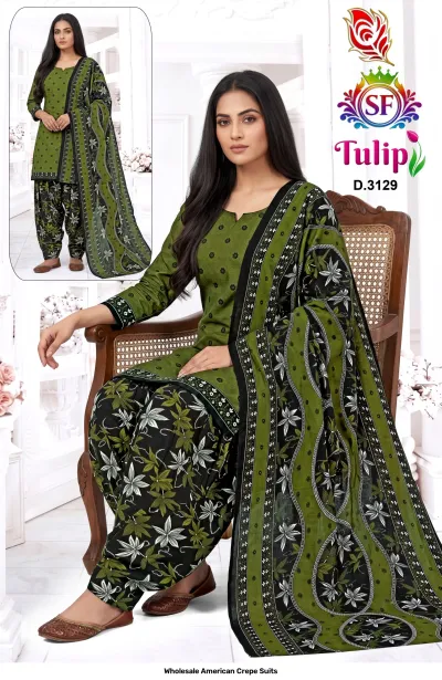 Wholesale American Crepe Suits D.3129. Olive green floral kurti, black floral salwar, and floral dupatta. Dress material set.